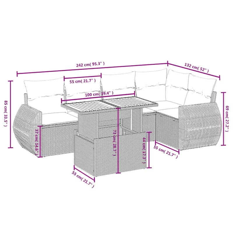 vidaXL Patio Sofa Set with Cushions Outdoor Furniture 6 Piece Poly Rattan - 24.4 x 24.4 x 27.2