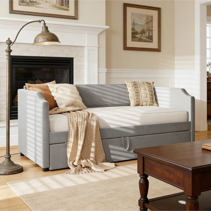 Extendable 2-in-1 Daybed Frame, Space-Saving Twin to King Design,Twin Size Velvet Upholstered Daybed with Pop Up Trundle