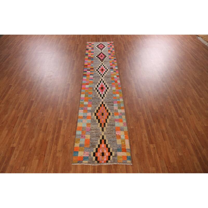 Checkered Moroccan Oriental Runner Rug Handmade Tribal Wool Carpet - 2'10" x 12'8"