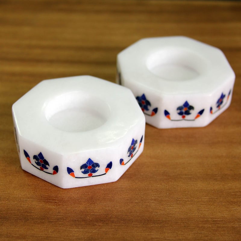 Novica Handmade Floral Alliance In Blue Marble Tealight Holders (Pair)