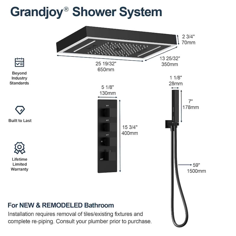 GRANDJOY Thermostatic Triple-Function LED Rain and Waterfall Shower System with Handheld and Built-In Music