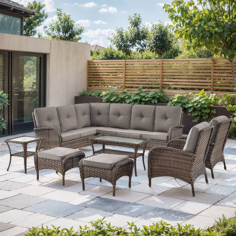 Outdoor Sectional Sofa with Chair Funiture Set - Brwon Wicker Grey Cushion - 8PCS Sectional Sofa w/ Patio Chair Ottoman