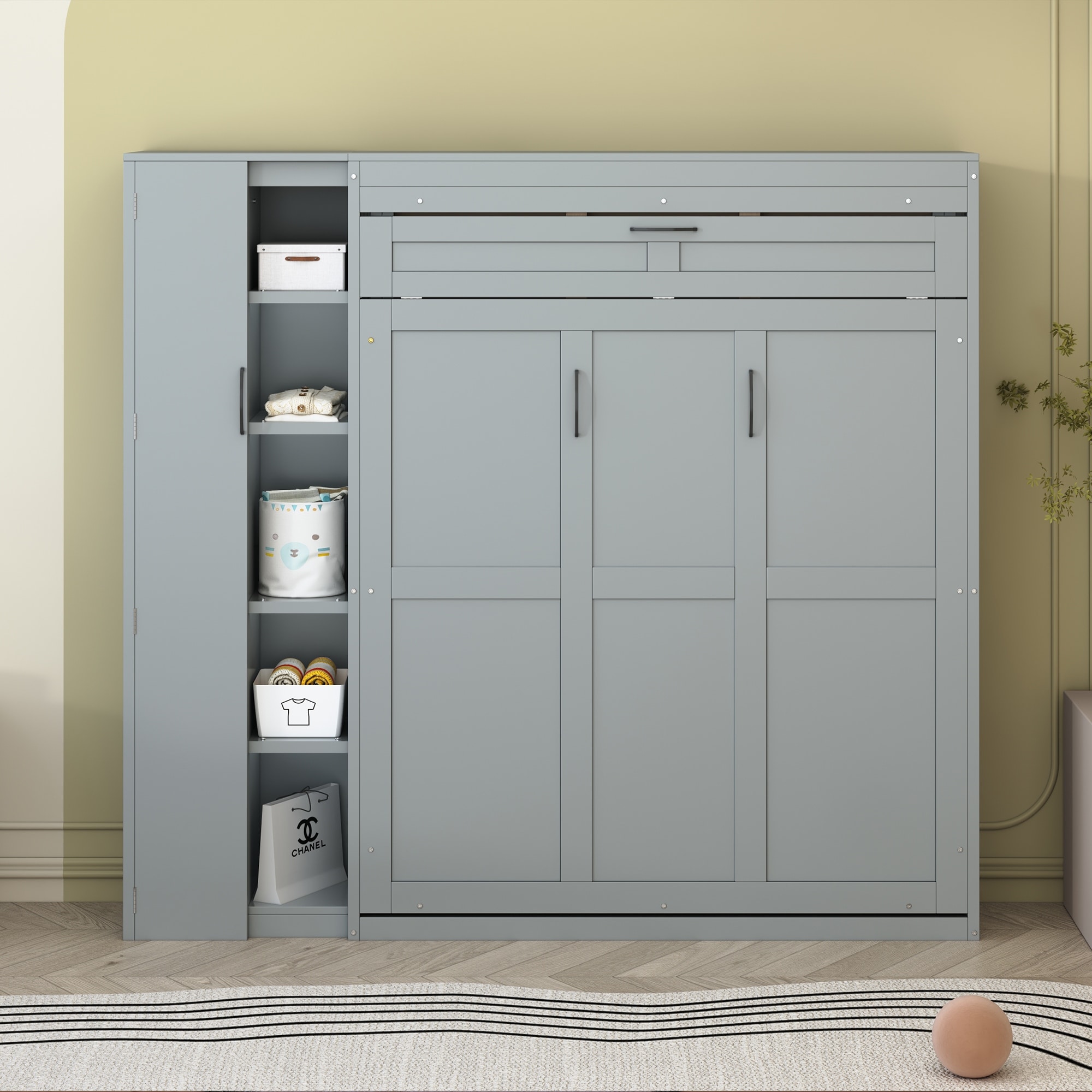Full Size Murphy Bed with Shelves, Wardrobe, LED Lights, and Space-Saving Foldable Design for Guest Room or Studio