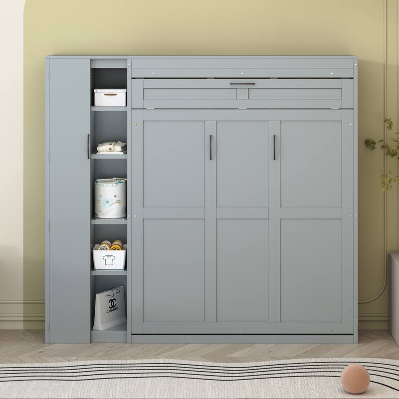 Full Size Murphy Bed with Shelves, Wardrobe, LED Lights, and Space-Saving Foldable Design for Guest Room or Studio - Grey