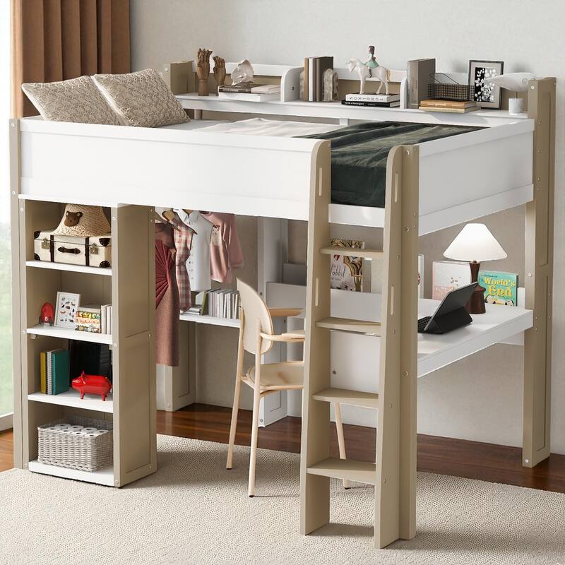 Full Size Wood Loft Bed with Desk, Wardrobe Storage, Shelves & Clothes Rail, 500 lb Bed Capacity, 77.8 x 70.1 x 75.6 in