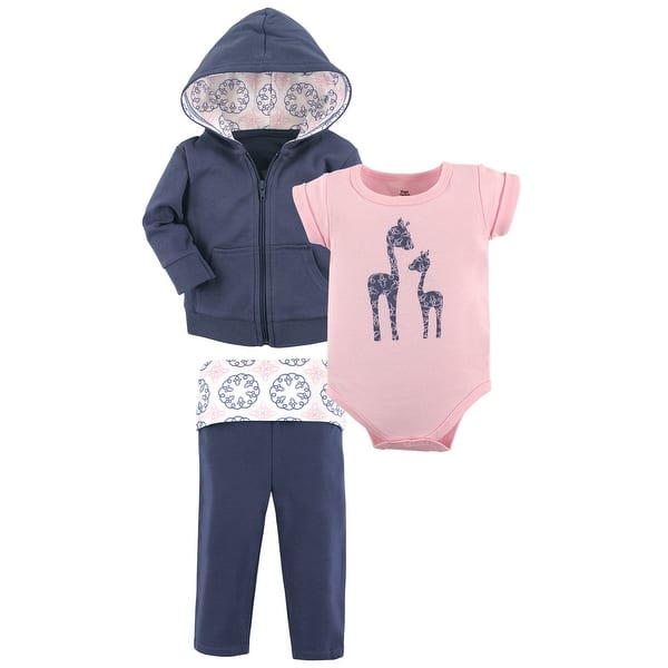 slide 1 of 1, Yoga Sprout Baby and Toddler Girl Cotton Hoodie, Bodysuit or Tee Top, and Pant, Whimsical Giraffe Baby 0-3 Months - Whimsical Giraffe Baby