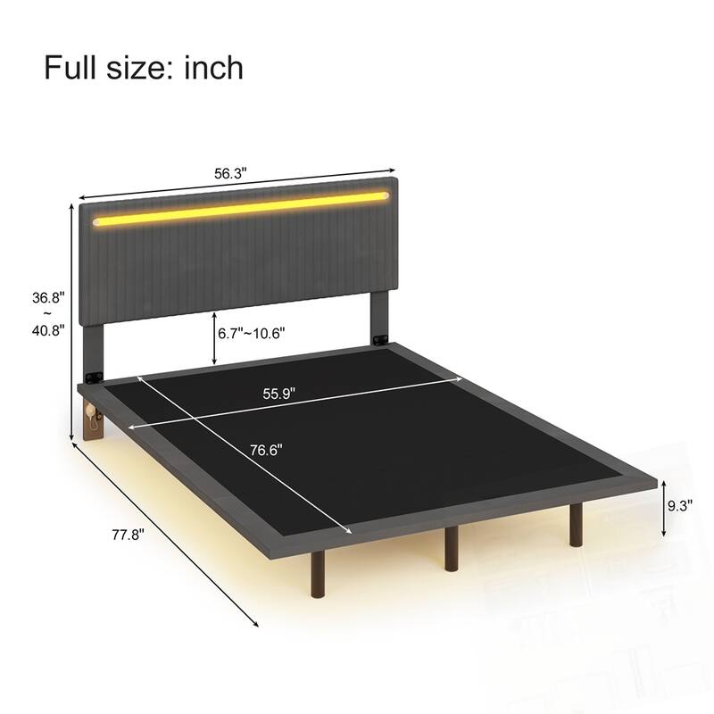 Modern Upholstered Floating Bed Frame with LED Lights Velvet Fabric Bed