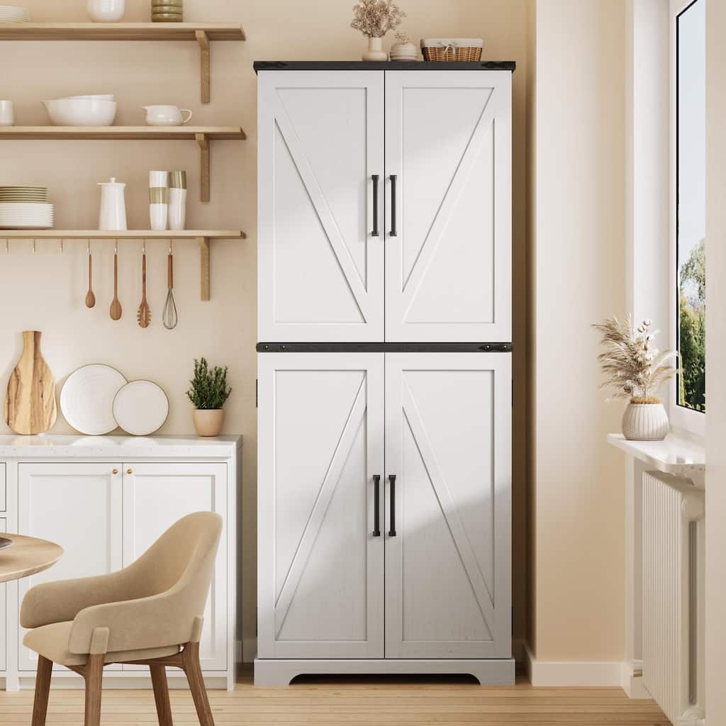 Farmhouse Wood Pantry Cabinet with Barn Doors, Adjustable Shelves