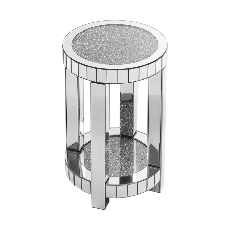 Mirror Round Table with Crystal Inlay,2-Layer Modern Small Sofa Table
