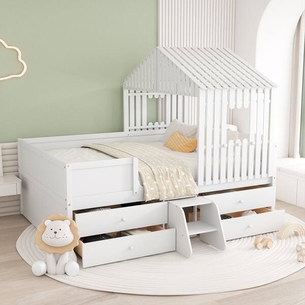 slide 2 of 14, Full Size House Low Loft Bed White Full