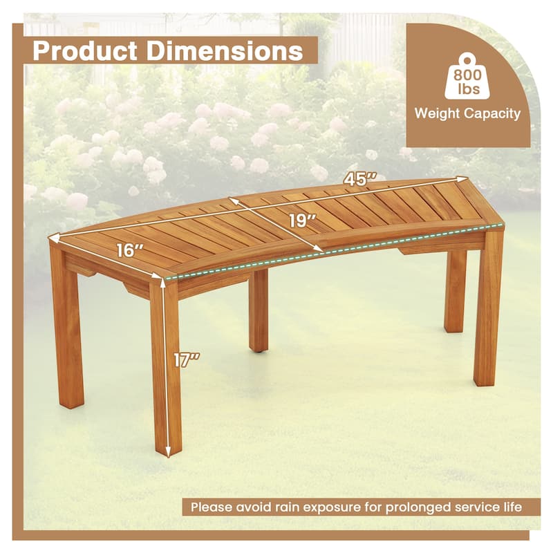 Solid Acacia Wood Outdoor Bench with Curved Design 45" Backless Seat for Garden or Deck - 19" x 45" x 17" (L x W x H)