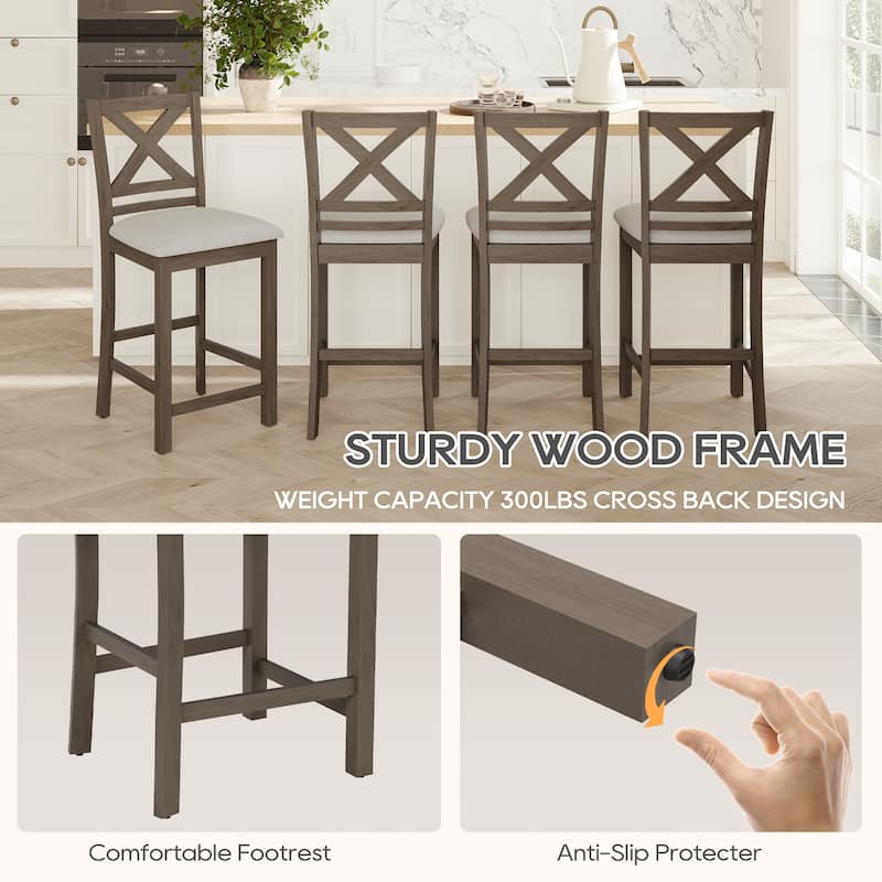 Set of 2 Counter Bar Stools - Upholstered w/Comfort Cross Back & Solid Wood Legs for Kitchen Island