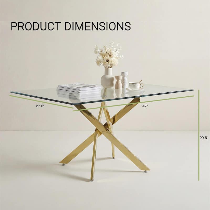 The modern rectangular tempered glass tabletop is paired with a golden iron frame, measuring 47.24 inches in length