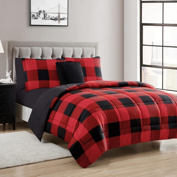 slide 2 of 11, Sweet Home Collection 8 Piece Buffalo Plaid Bed In a Bag Comforter and Sheet Set Black/Red - Full