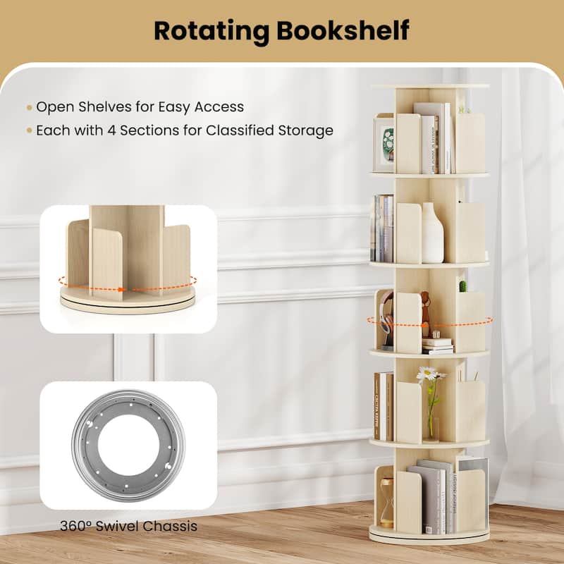 Space-Saving Freestanding 5-Shelf Rotating Bookcase with Swivel Base and Dividers Storage Tower - 15.5" x 15.5" x 63"