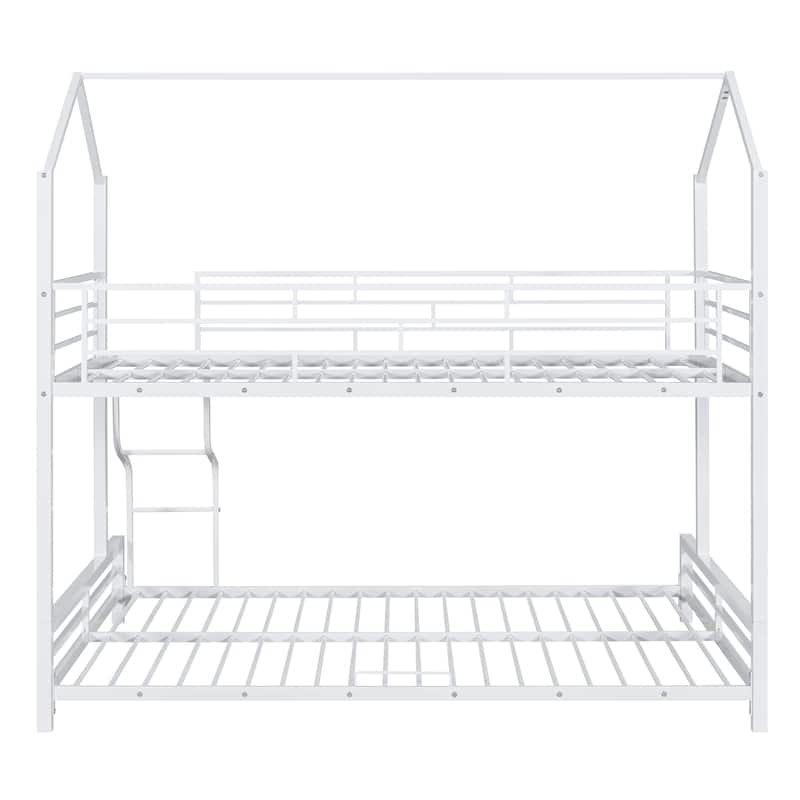Twin Over Full Kids Heavy Metal House Low Bunk Bed, Convertible Floor Bunk Bed Frame with Full-Length Guardrail and Ladder