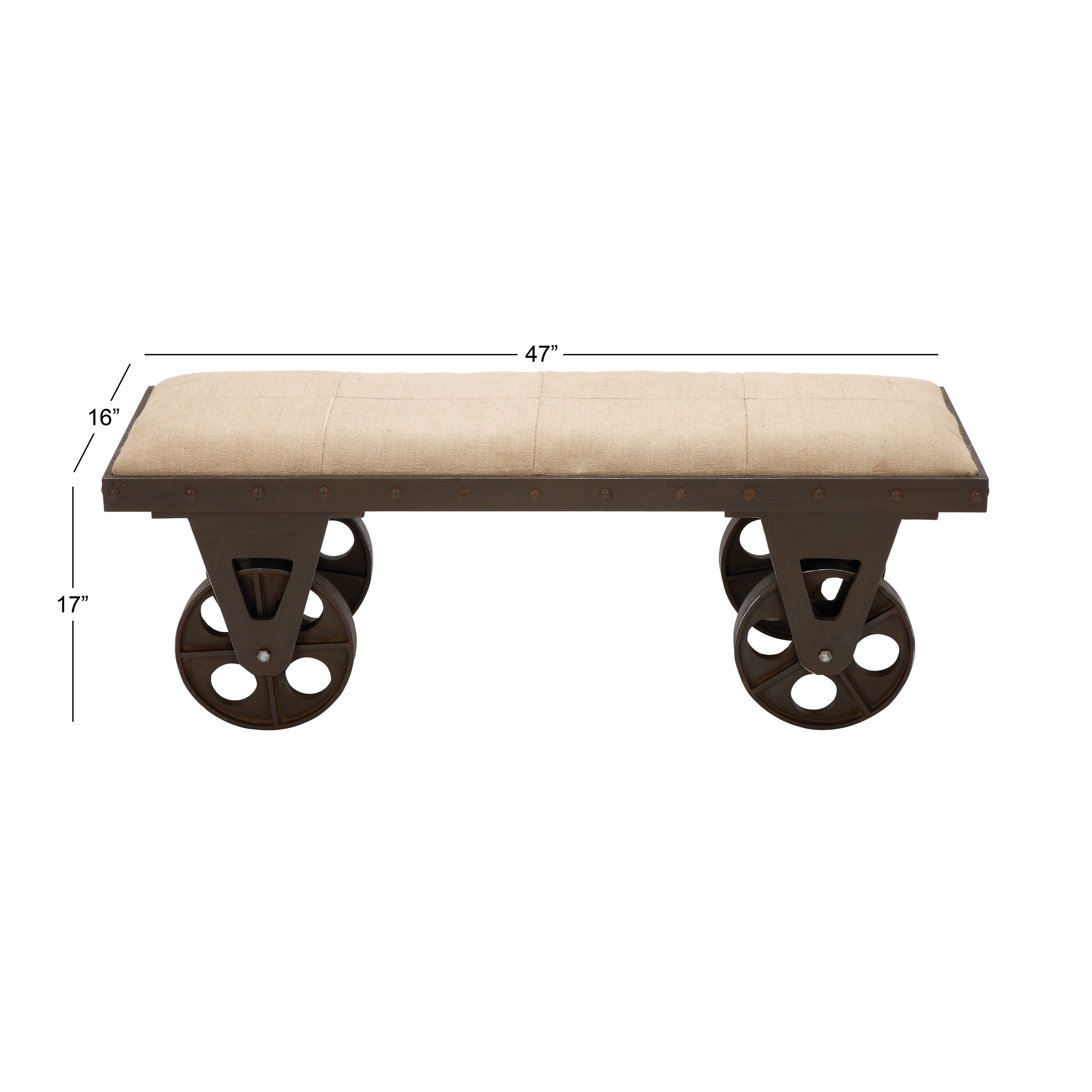 Brown Wooden Vintage Industrial Inspired Bench with Wheels and Linen  Upholstered Seat, image size:2400x2400
