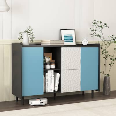 Sideboard Cabinet with Doors & 2 Drawers, Freestanding Coffee Bar Cabinet, Accent Cabinet with 2 Open Storage Compartment