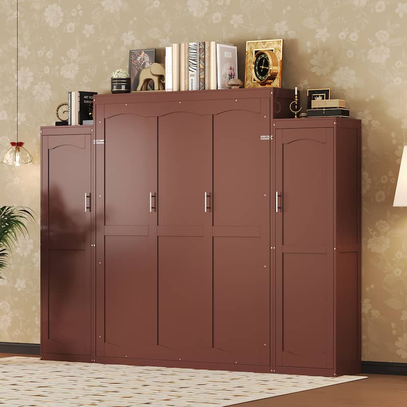 Full/Queen Size Murphy Bed, Wood Wall Murphy Bed with Two Closets and Shelves, Foldable Platform Bed Frame with Wooden Slats