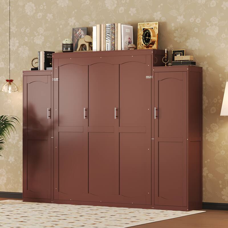 Multifunctional Queen Size Wooden Murphy Bed w/ 2 Wardrobe & Storage Shelf Foldable Wall Bedframe for Guest-Room, Bedroom