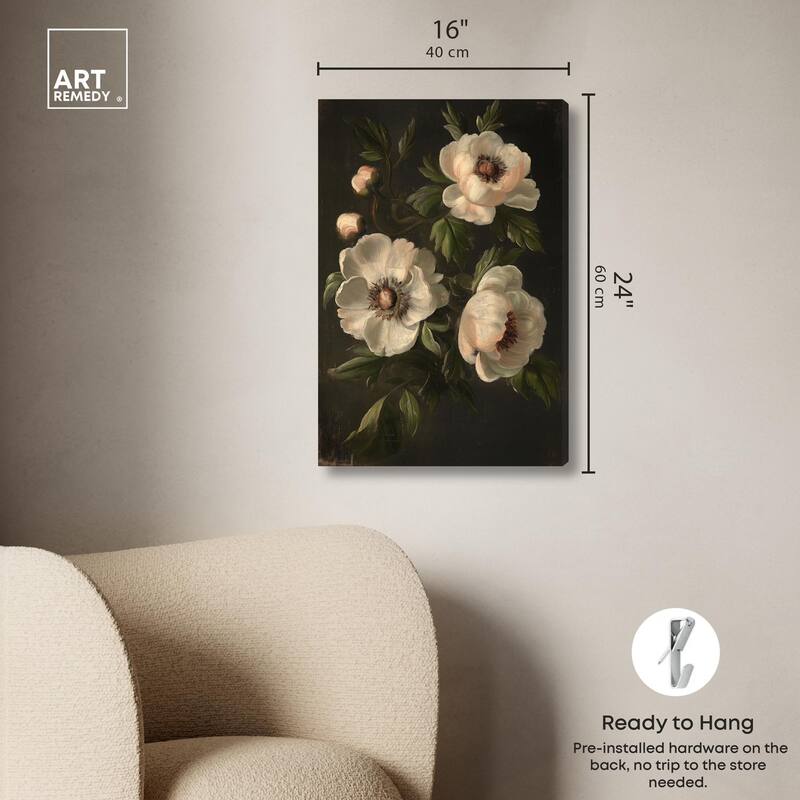 White Peonies in Dark I Canvas by Art Remedy, Gallery Wrapped