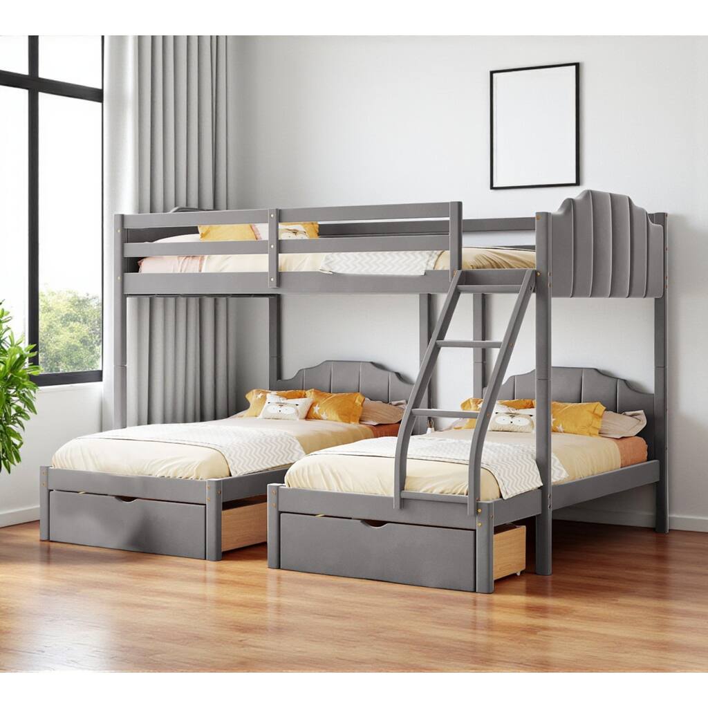 HomeRoots Gray Full Over Two Twins Solid Wood Bunk Bed With Drawers And Storage