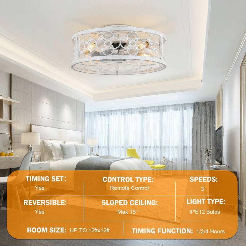 20" Oaks Aura Modern Farmhouse Distressed White Ceiling Fan with Light, Flush Mount Caged Ceiling Fan with Remote for Bedroom