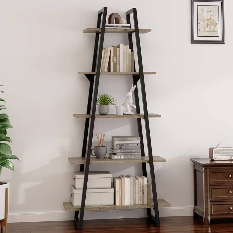 Rustic 5 Tier Ladder Bookcase with Display Shelves
