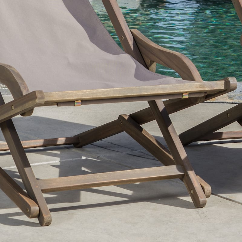 Roomfitters Foldable Outdoor Sling Chairs with Headrest, Adjustable Wooden Frame Lounge Chairs, Set of 2