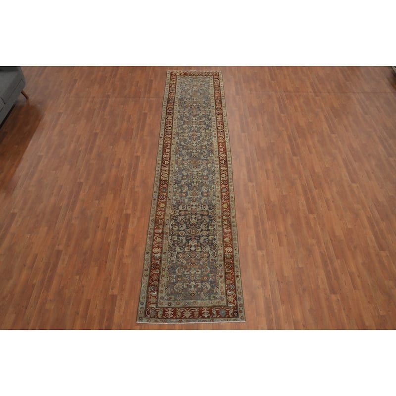 Hand Knotted Oriental 100% Wool Carpet Traditional All-Over Navy Blue & Blues Heriz (Bakhshayesh) Runner Rug - 15' 0'' X 3' 4''