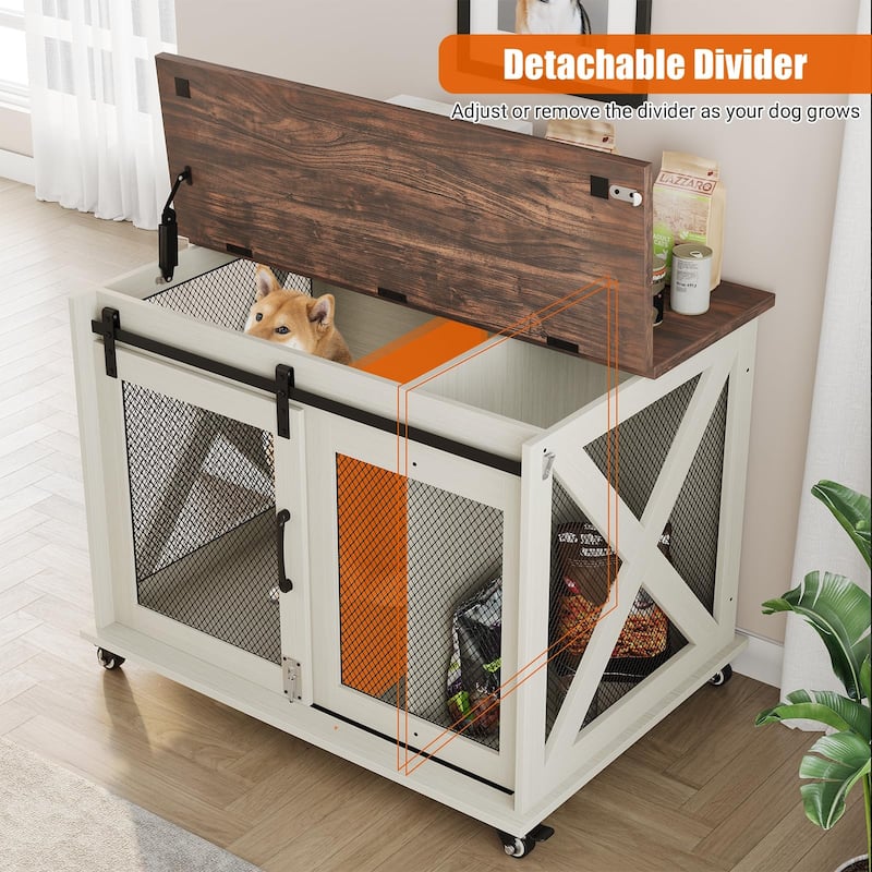 Furniture Dog Crate Table with Flip Top, Sliding Door, Divider