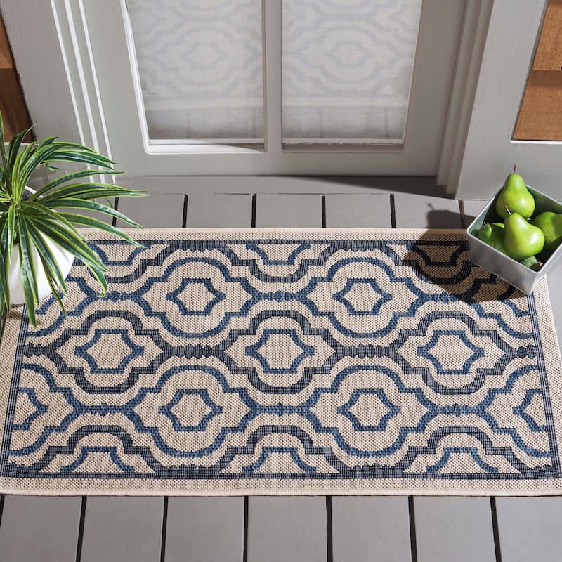 SAFAVIEH Courtyard Oyvor Indoor/ Outdoor Waterproof Patio Backyard Rug - 2' x 3'7" - Beige/Navy