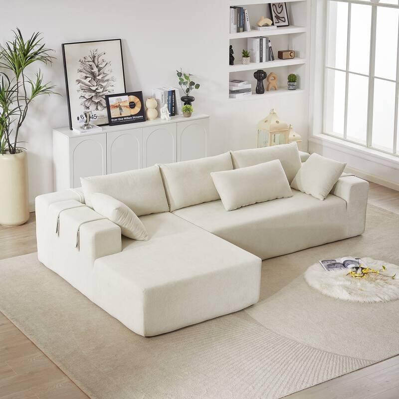 Chenille Upholstered Sectional Daybed Modular Sleeper Couch L Shape Sofa with Chaise Lounge & 6 Pillows for Living Room Loveseat