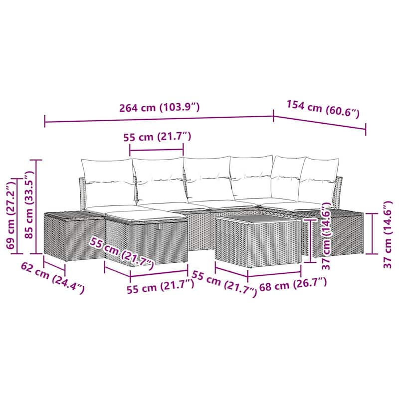 vidaXL 7 Garden Sofa Set with Cushions Black/Grey Poly Rattan - 103.9 x 60.6 x 27.2