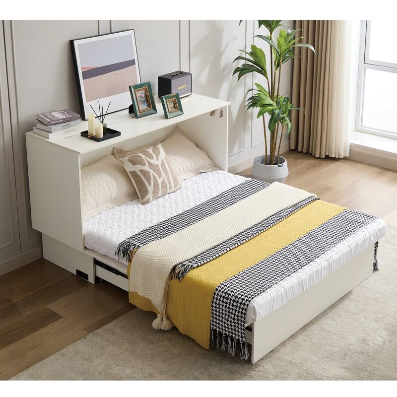 Murphy Bed Foldable Cube Cabinet Bed with Drawers Convertible Queen Platform Bed with Mattress, Set of Sockets and USB Ports