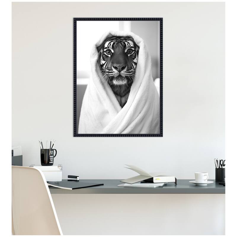 Kate and Laurel Sylvie Tiger Bathroom Art Towel Robe Black and White Framed Canvas by The Creative Bunch Studio