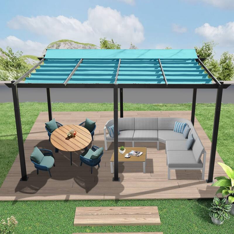 11 X 16 FT Outdoor Retractable Pergola with Weather-Resistant Canopy, Aluminum Garden Patio Gazebo for Courtyard - Blue