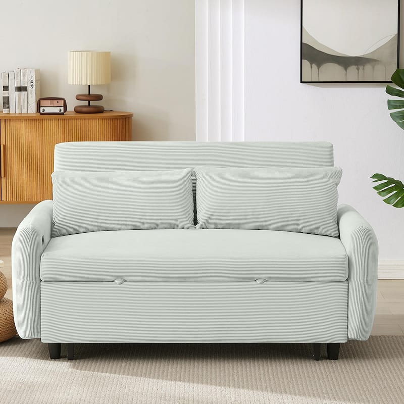 57.48" Pull-out Convertible 2 Seat Loveseat Sofa Bed with USB Ports, Pale Green Corduroy