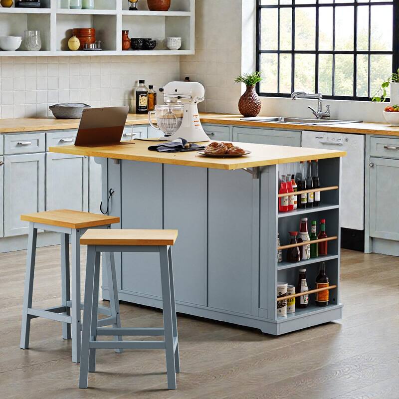 53" Large Kitchen Island with Drop Leaf, Power Outlet, Rolling Cart with Internal Door Racks, Wheels