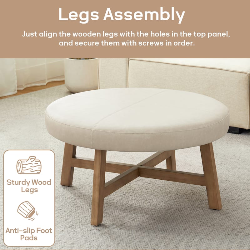 Round Upholstered Coffee Table with Solid Wood Base, Modern Fabric Ottoman Table for Living Room