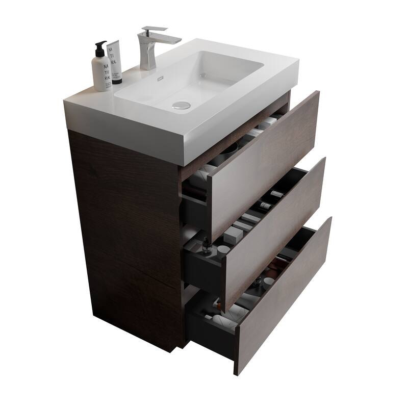 GDFStudio - Alice Walnut Freestanding Bathroom Vanity with One-Piece Matte Black Sink, Modern Handle-Free Design, Pre-Assembled