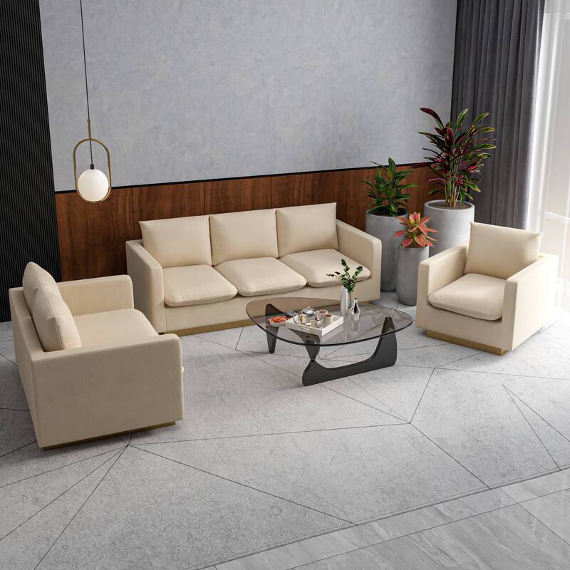 3-Piece Velvet Sofa Set with Brushed Gold Stainless Steel Base Nervo Series