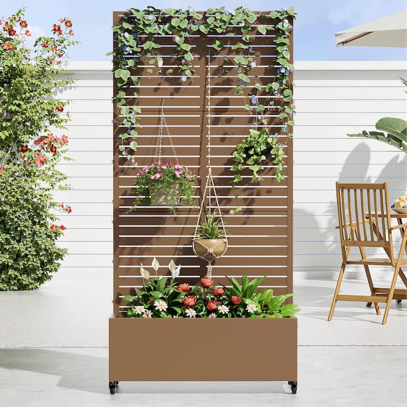 Metal Movable Planter Box with Trellis Privacy Screen Planter Box with Lockable Wheels - 72"x35" - Brown
