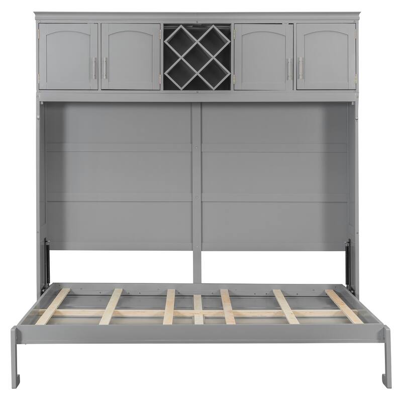 Roomfitters Queen Murphy Wall Bed with Top Cabinets and Wine Rack Storage Plywood