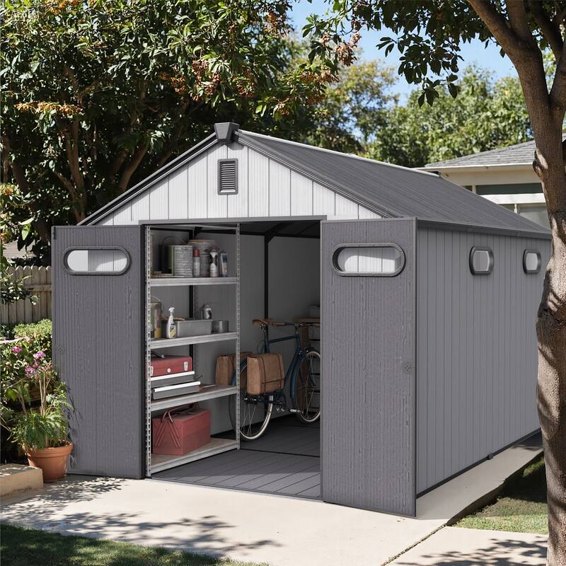 All-Weather Lockable Door Resin Outdoor Storage Shed with Window Floor for Patio Furniture and Tools