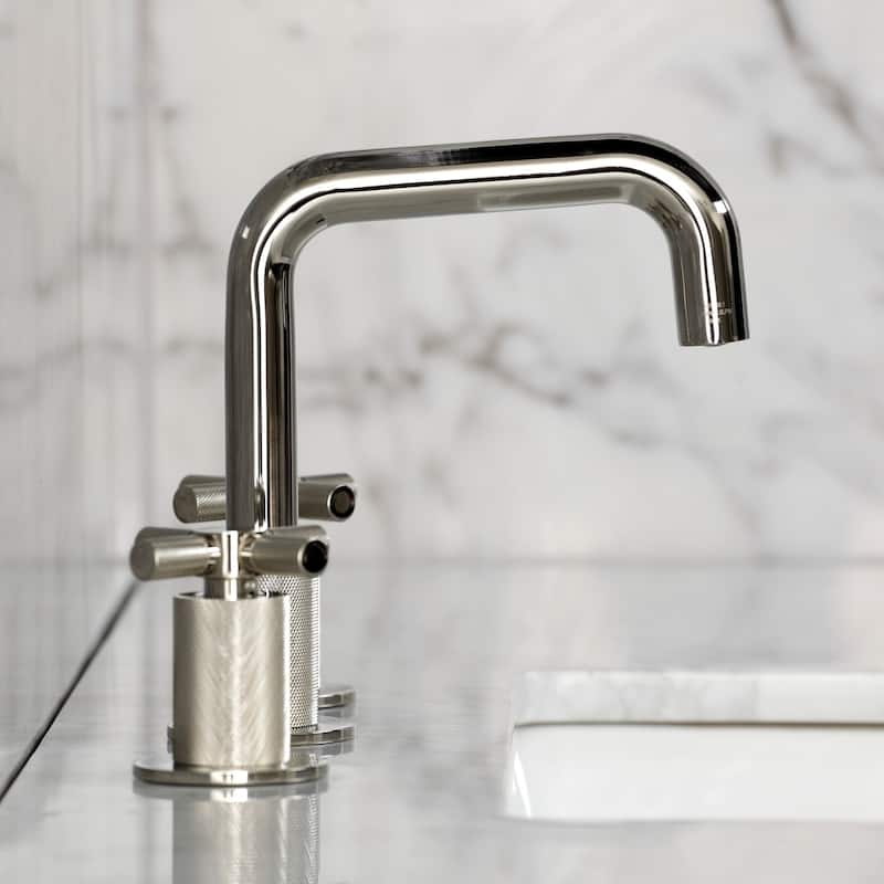 Kingston Brass Convergent Two-Handle 3-Hole Deck Mount Widespread Bathroom Faucet with Push Pop-Up Drain