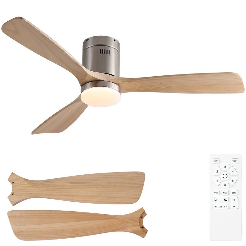 52In. Farmhouse Indoor Flush Mount Low Profile Ceiling Fan with Solid Wood Blades and Remote Control
