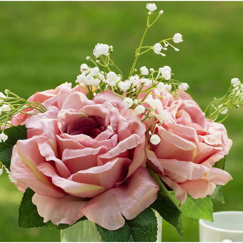 Enova Home 4 Large Silk Rose Flowers in Clear Glass Vase with Faux Water for Home Office Decoration