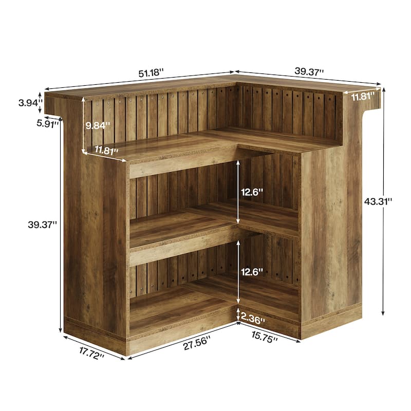 Home Bar Unit, Corner Liquor Bar Table with Storage Shelves & Wine Glass Holder, Pub Reception Accent Cabinet Desk