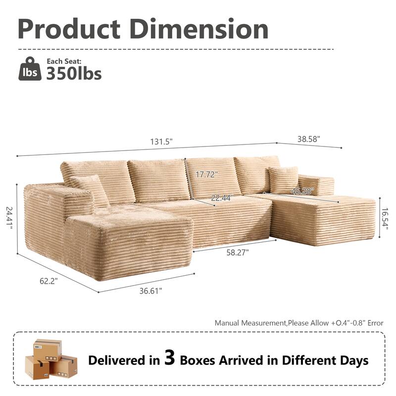 HOOOWOOO U-Shaped Plush Corduroy Modular Sectional Sofa with Chaise Lounge